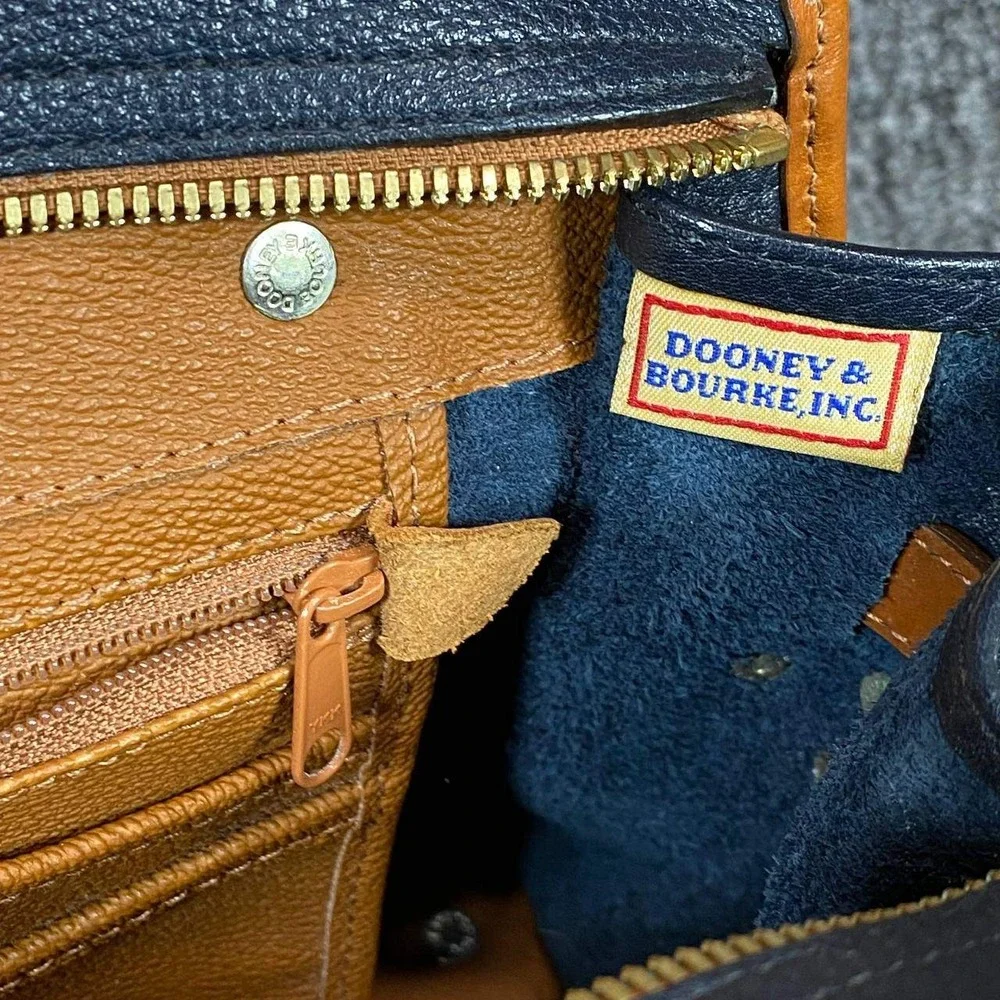 Vtg Dooney Bourke All Weather Leather Cavalry Satchel Bag Navy British Tan Purse